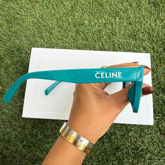 Celine MONOCHROMS 55mm Square Shiny Turquoise Smoke Green Sunglasses CL40249U - Picture 3 of 12
